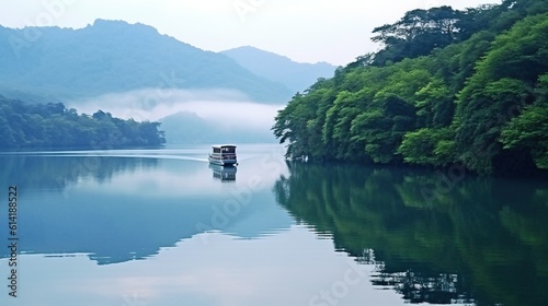 Chinese Boat navigating inside the Tianmu Lake, Professional and Commercial Shot. Generative AI. photo