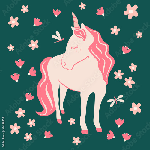 Cute hand drawn cartoon character unicorn with pink flowers and dragonflies vector illustration