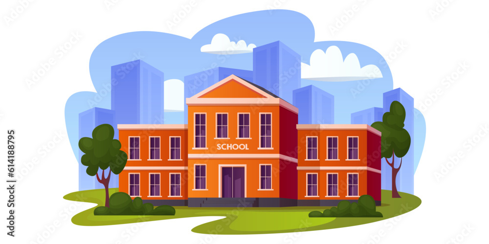 Cityscape with school building. Education house exterior. Municipal institution. Back to school. Yard with green trees, grass lawns, city architecture. Vector place for studying, summer landscape.