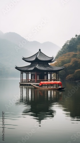 Chinese Boat navigating inside the Tianmu Lake, Professional and Commercial Shot. Generative AI.