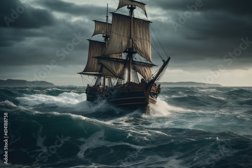 Cinematic ocean vessel ship. Nautical vintage galleon pirate ship. Antique boat on stormy seas.