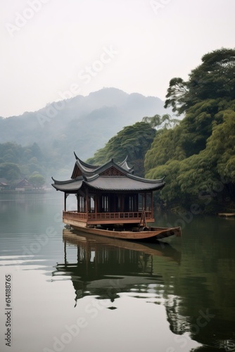 Chinese Boat navigating inside the Tianmu Lake, Professional and Commercial Shot. Generative AI.