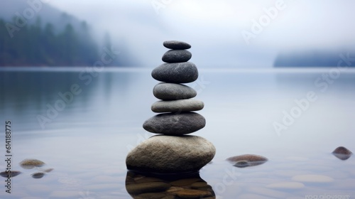 Zen balancing pebbles next to a misty lake. Generative AI.