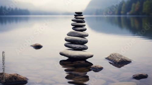 Zen balancing pebbles next to a misty lake. Generative AI.