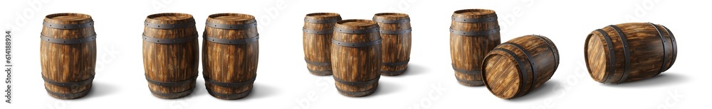 Fototapeta premium Series of wooden barrels isolated on empty background. 3D Rendering
