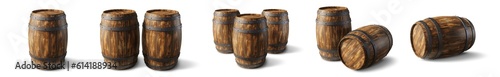Fotografiet Series of wooden barrels isolated on empty background