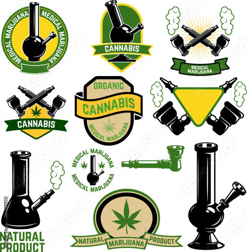 Set of cannabis labels. Medical marijuana, bong shop. Design elements for logo, label, emblem, sign, brand mark.