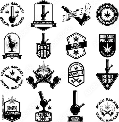 Set of cannabis, marijuana, bong shop labels, badges and design elements. Medical marijuana. Cannabis icons. Bong icons. Vector design elements on grunge background.