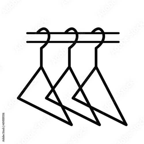 Three hanging hanger hooked on pole inside wardrobe outline vector icon isolated on square white background. Simple flat cartoon outlined drawing.