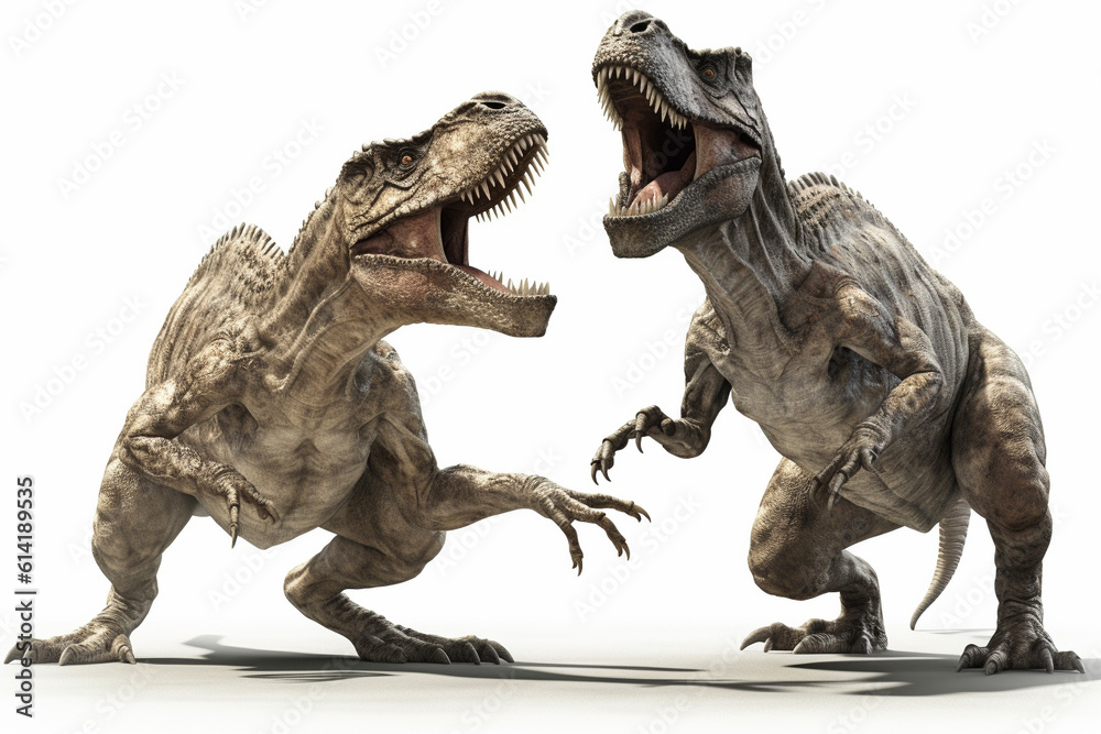 戦う2匹のティラノサウルス　白背景　AI生成画像　ジェネレーティブAI