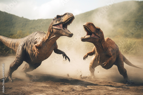 荒野で戦う2匹のティラノサウルス　AI生成画像　ジェネレーティブAI © siro46
