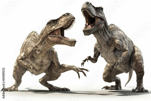 戦う2匹のティラノサウルス 白背景 AI生成画像 ジェネレーティブAI