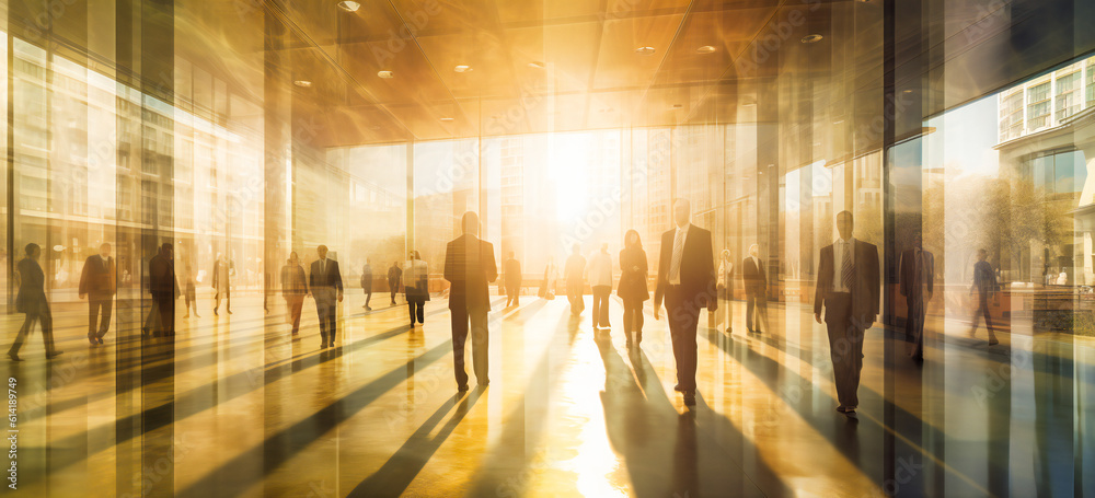 Glass office building with motion blurred business people on the move