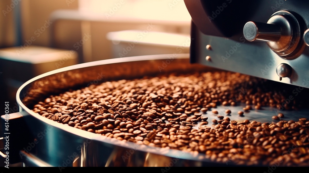 Fresh coffee beans in roasting machine. Generative AI Fresh coffee beans in roasting machine. Generative AI