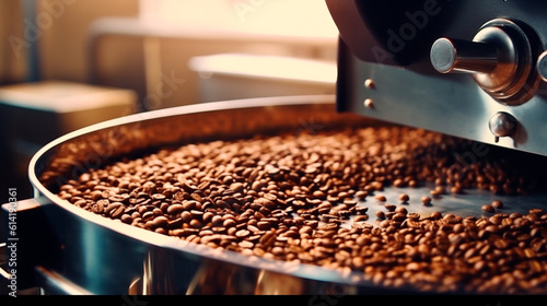 Fresh coffee beans in roasting machine. Generative AI