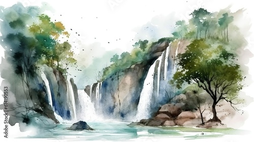 a beautiful painting of a waterfall painted with watercolors