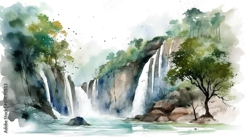 Panel kuchenny z motywem a beautiful painting of a waterfall painted with watercolors