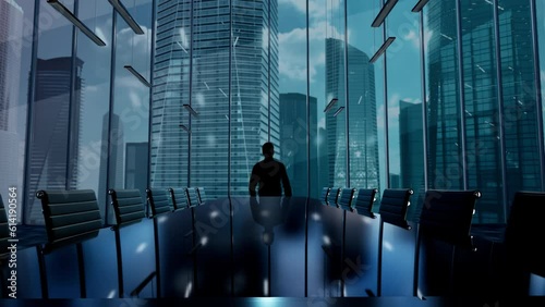 Loans. Businessman Working in Office among Skyscrapers. Hologram Concept