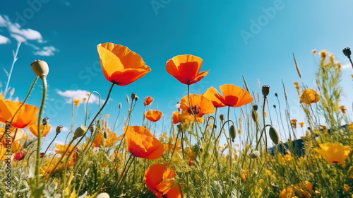 Blooming Splendor: Vivid Yellow and Red Poppies in Nature's Embrace. Generative AI