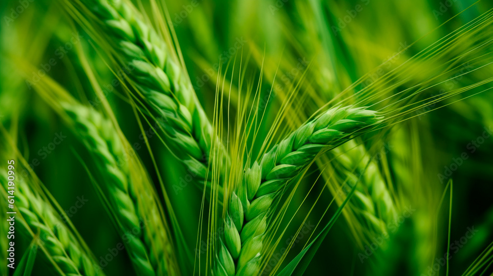 Green Barley and Wheat Field: A Close-Up View of Elite Barley Ears for Food Production. Generative AI Green Barley and Wheat Field: A Close-Up View of Elite Barley Ears for Food Production. Generative AI