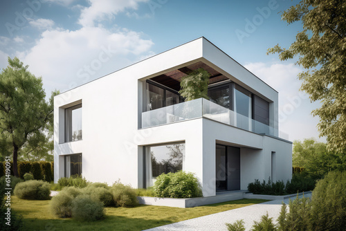 modern villa with lawn stock photo, generative AI © Kien
