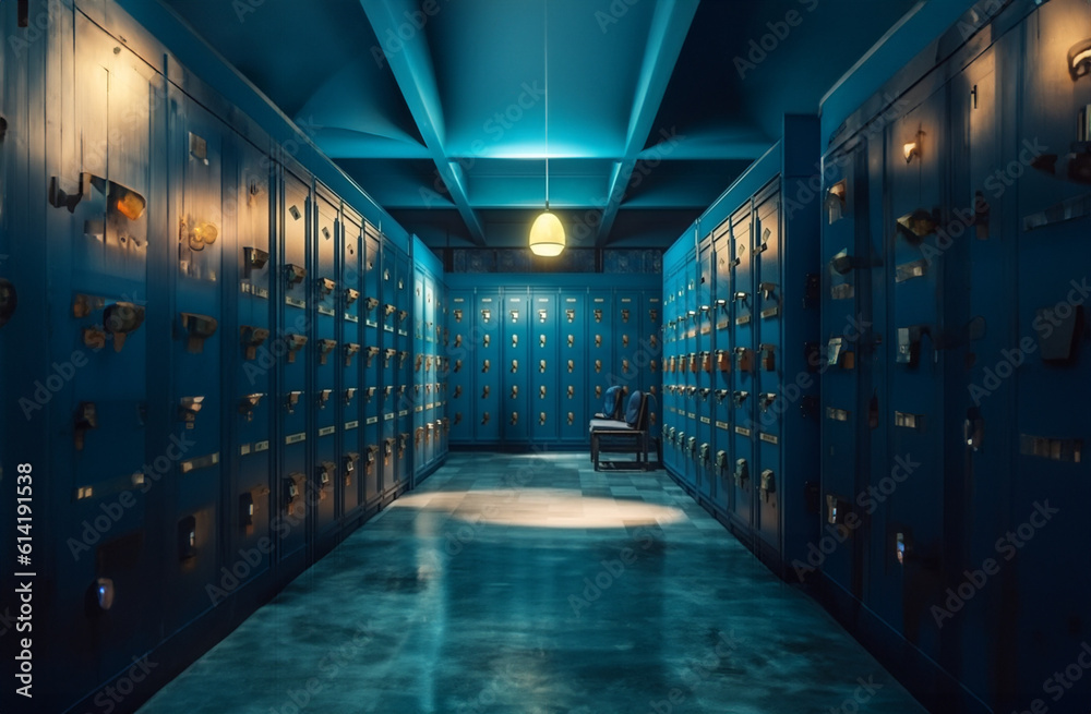 vintage blue lockers in a gymnasium. generative ai - obrazy, fototapety, plakaty 