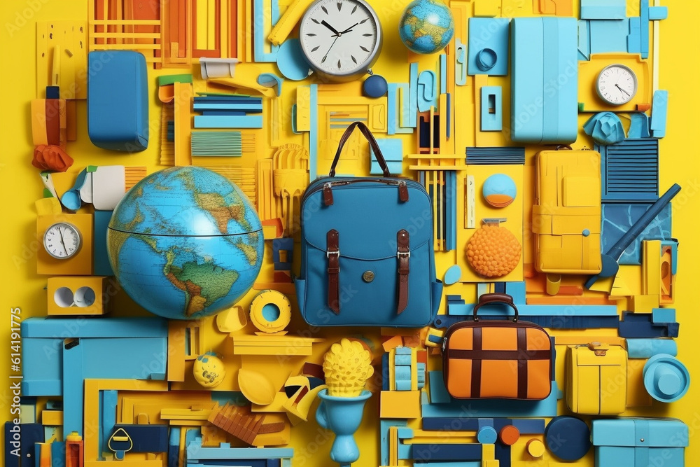Fototapeta premium blue backpack and back to school supplies against yellow bacgkround. generative ai.