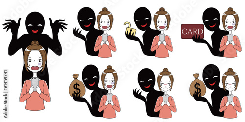 スマホを持つ女性と悪人の詐欺などのイメージのイラスト素材セット