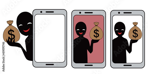 スマホとお金を持つ悪人イメージのイラスト素材セット