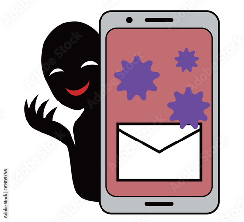 ウイルスに感染したメールの表示されるスマホと悪人イメージのイラスト素材
