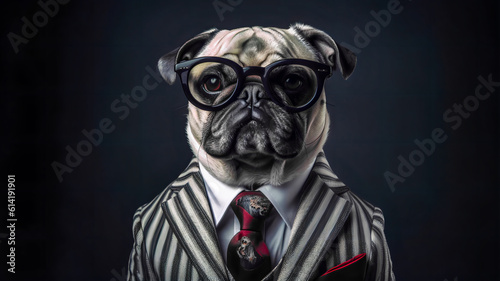 Mops im Anzug mit Krawatte und Brillen arbeitet als Businessman. Generiert mit KI © shokokoart