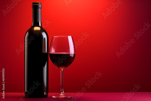 Red wine bottle and glass on red background. Copy space for your text. By Generative AI.