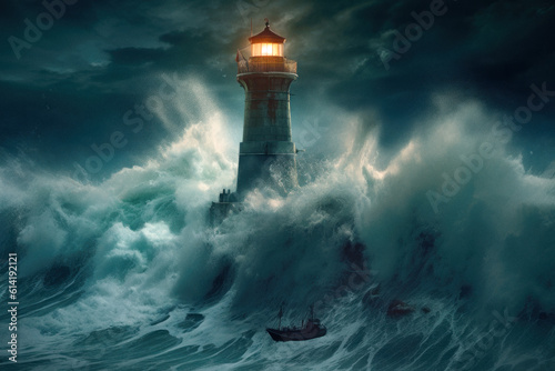 lighthouse is in front of a large wave