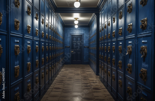 blue lockers lined up in a hallway. back to school. generative ai.