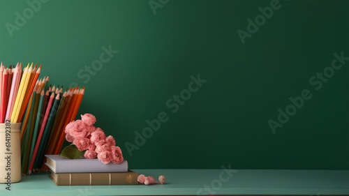 Back to school with colored book pile and pencils against green background. copy space.