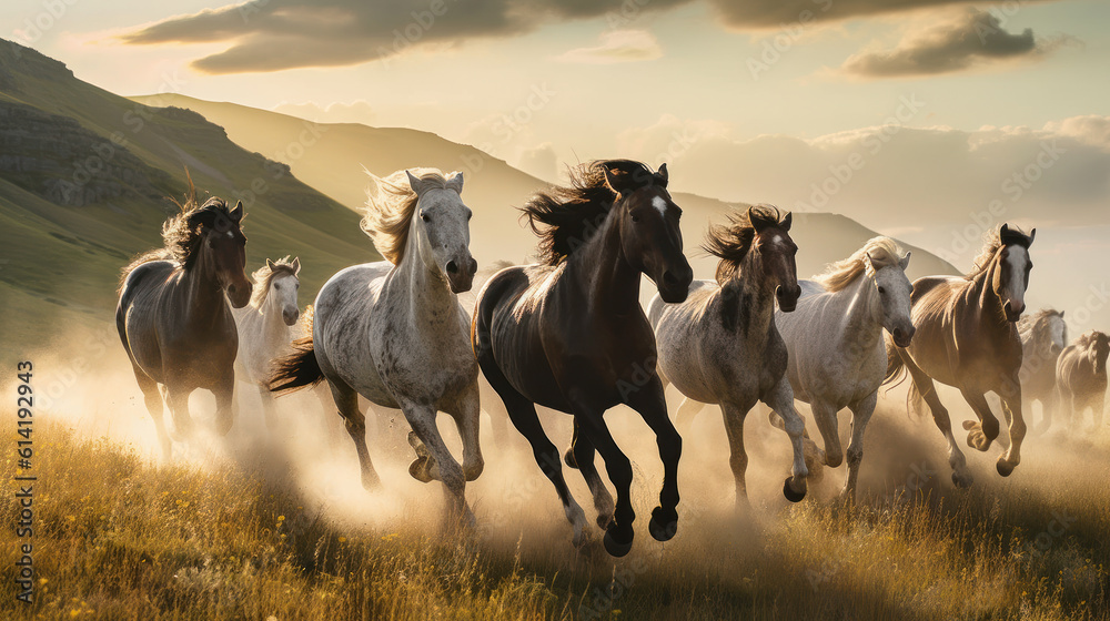 Obraz premium Unbridled Majesty: A Group of Majestic Horses Galloping Across an Expansive Landscape. Generative AI