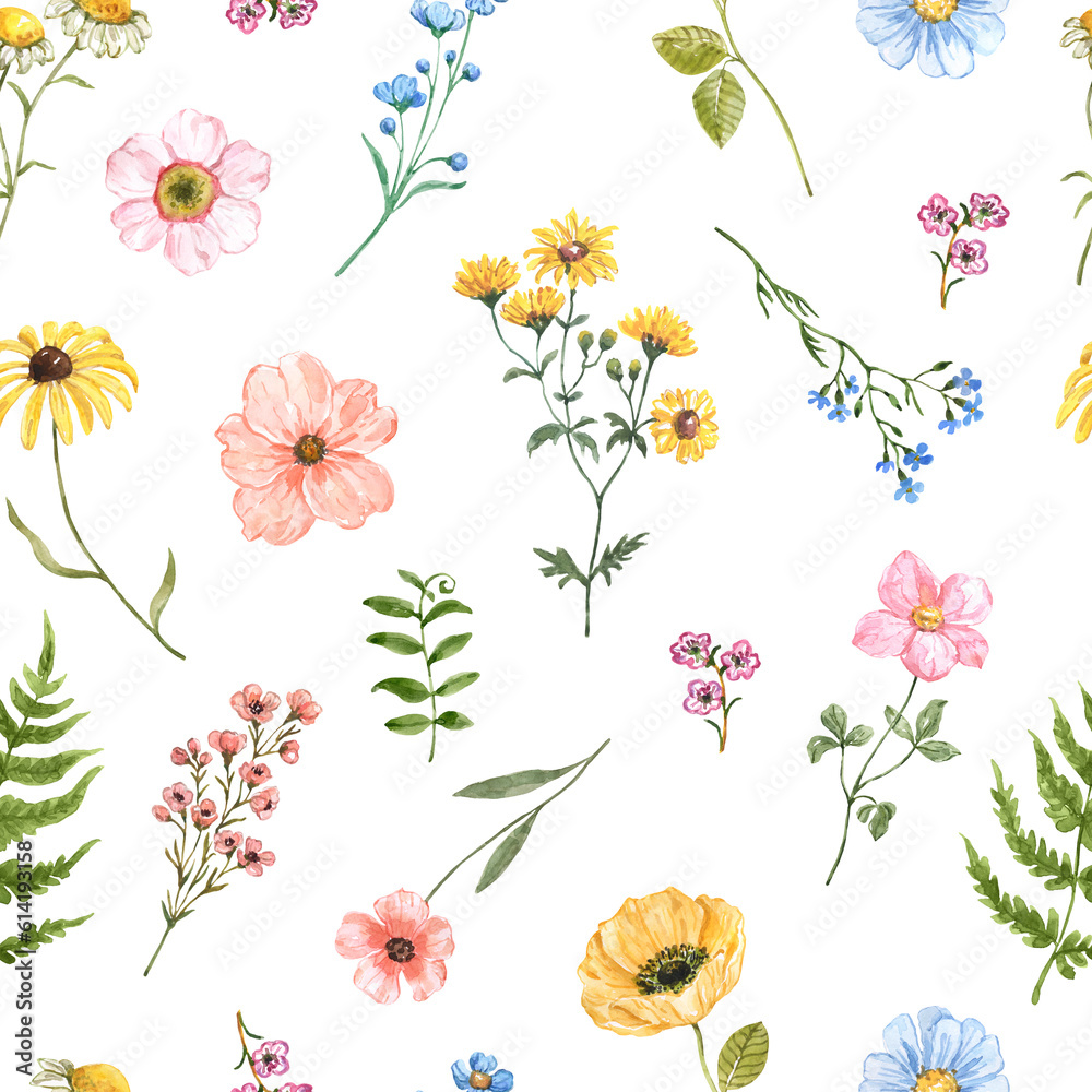 Watercolor floral seamless pattern on white background. Cute hand-painted wildflowers, and grasses botanical print.