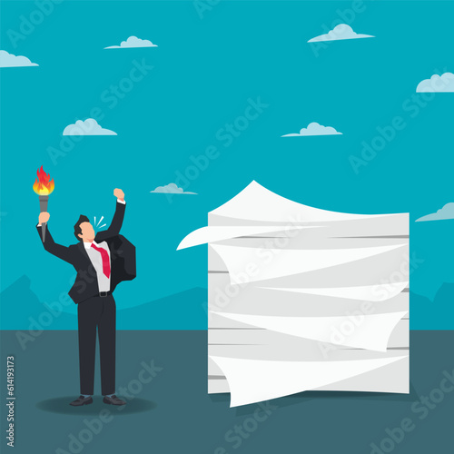 Vector businessman holding fire torch will burn a lot of documents