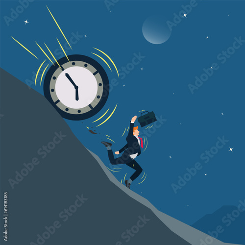 Vector businessman runs away from big clock that is rolling down to him design illustration