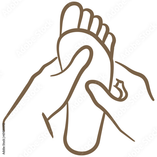 Minimal outline vector icon of the foot massage. A simple brown sketch of a body massage therapy procedure, hand-drawn with a brush, isolated on a transparent background