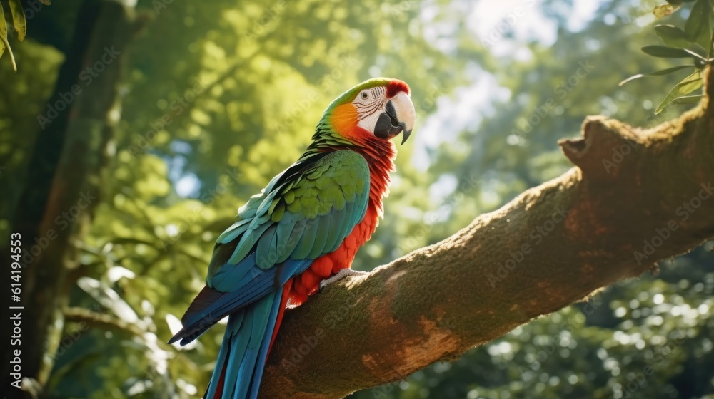 Colorful parrot in the rainforest. Generative AI.