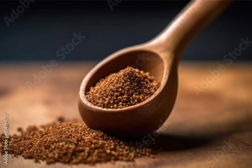 Granulated brown in a wooden spoon on a wooden table