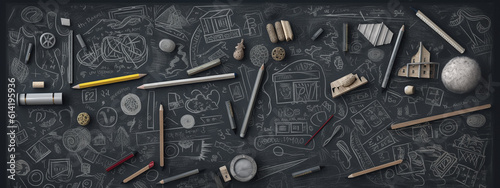 Chalkboard with drawing of school supplies. generative ai
