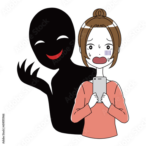 スマホを持つ青ざめる女性と悪人のイメージのイラスト素材