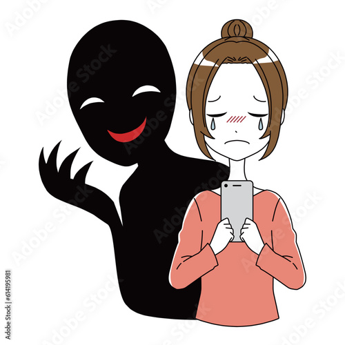 スマホを持つ泣く女性と悪人のイメージのイラスト素材