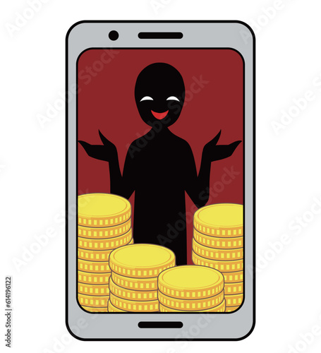 スマホに悪人とコインの詐欺イメージのイラスト素材