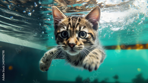 Aquatic Whiskers: A Kitten Cat's Playful Swim. Generative AI