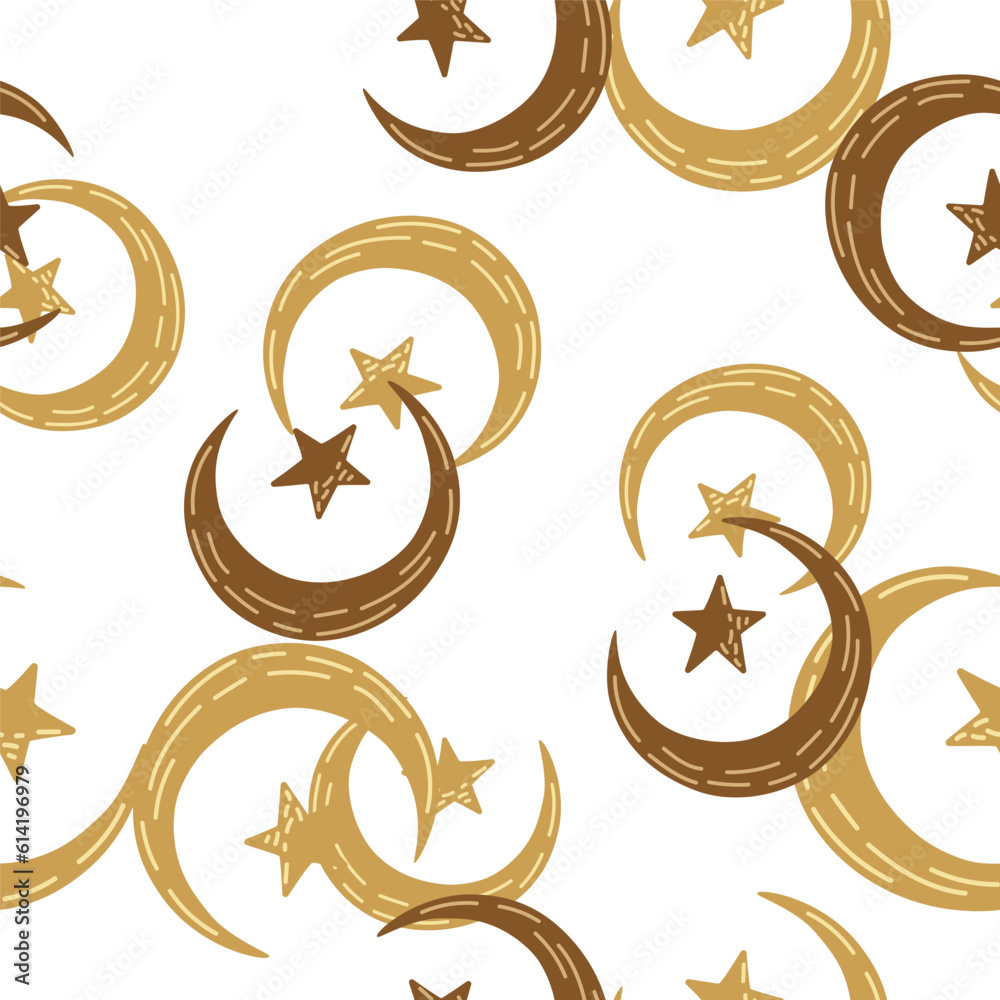 Seamless pattern with hand drawn moon and stars silhouettes print.