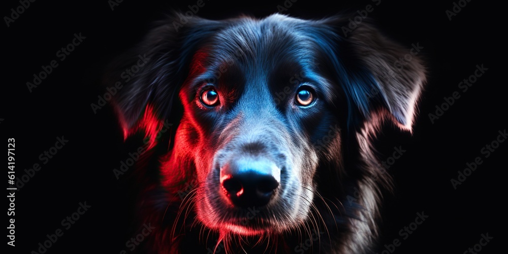 Dog front portrait in blue-red light on white background, concept of Color temperature, created with Generative AI technology