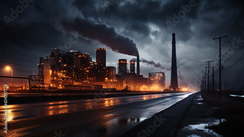 a giant industrial plant at night, in the style of environmental awareness, smokey background - generative AI, AI generated